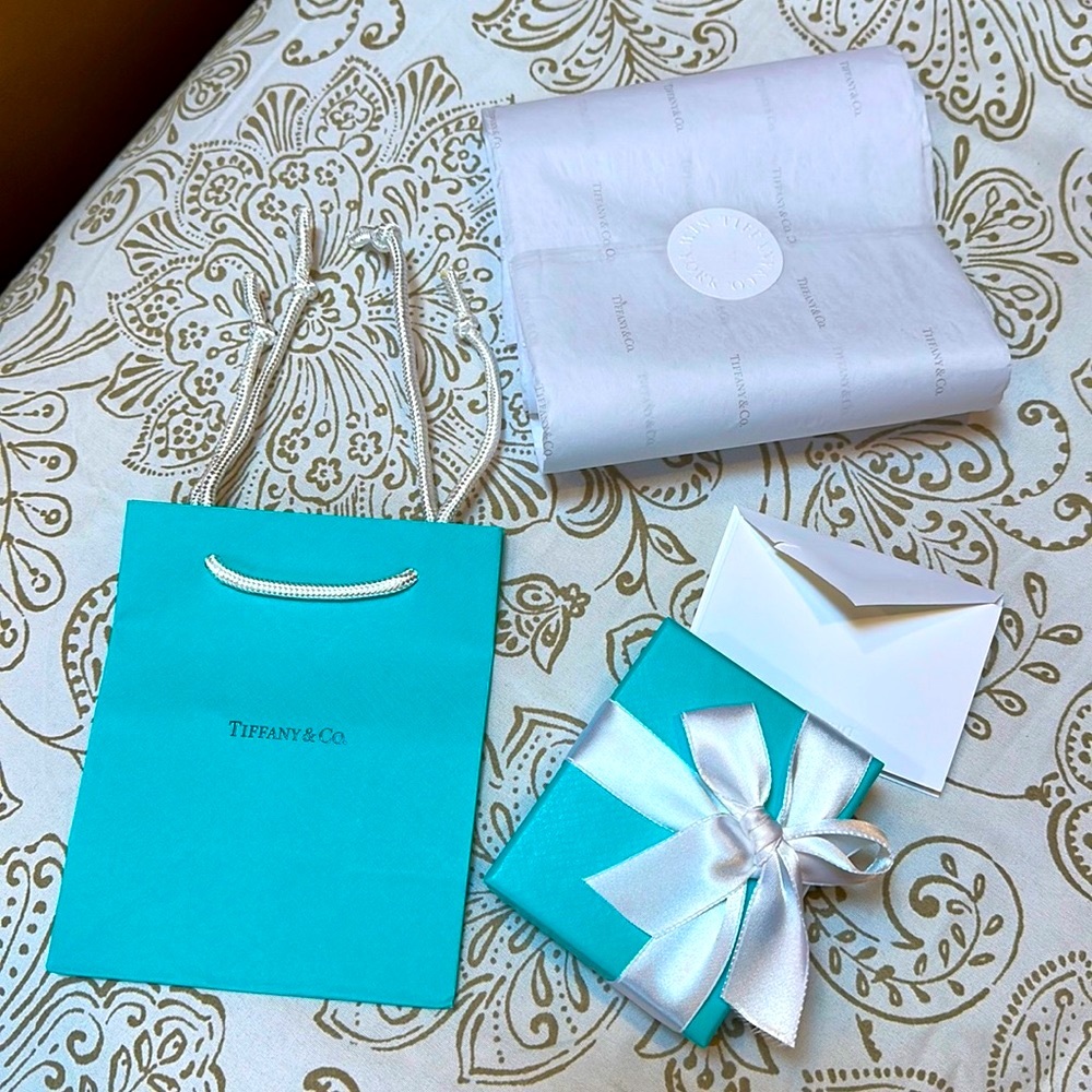 New Tiffany and Co. Small Bag, Box, Pouch, Tissue Paper, Ribbon, and Blank Card.